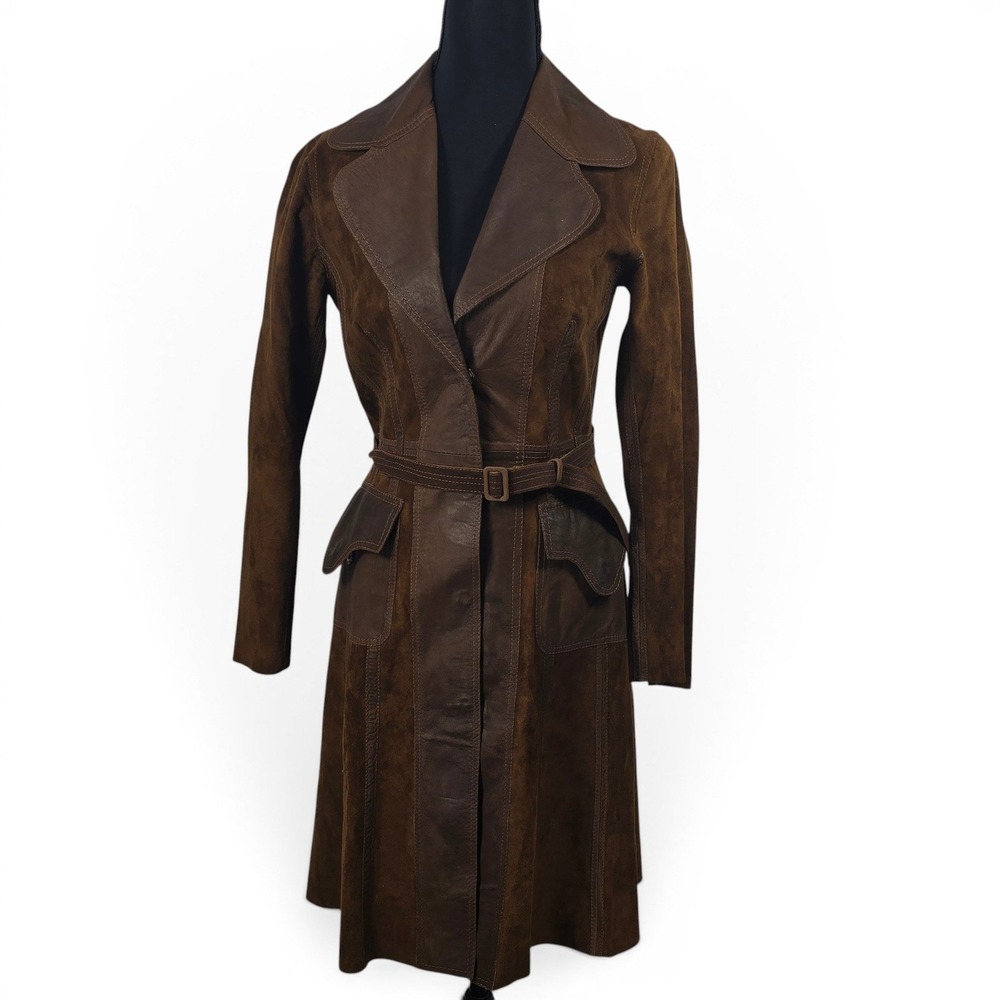 MNG Mango Womens Brown Goat Leather Suede Belted Trench Coat Small Reversible